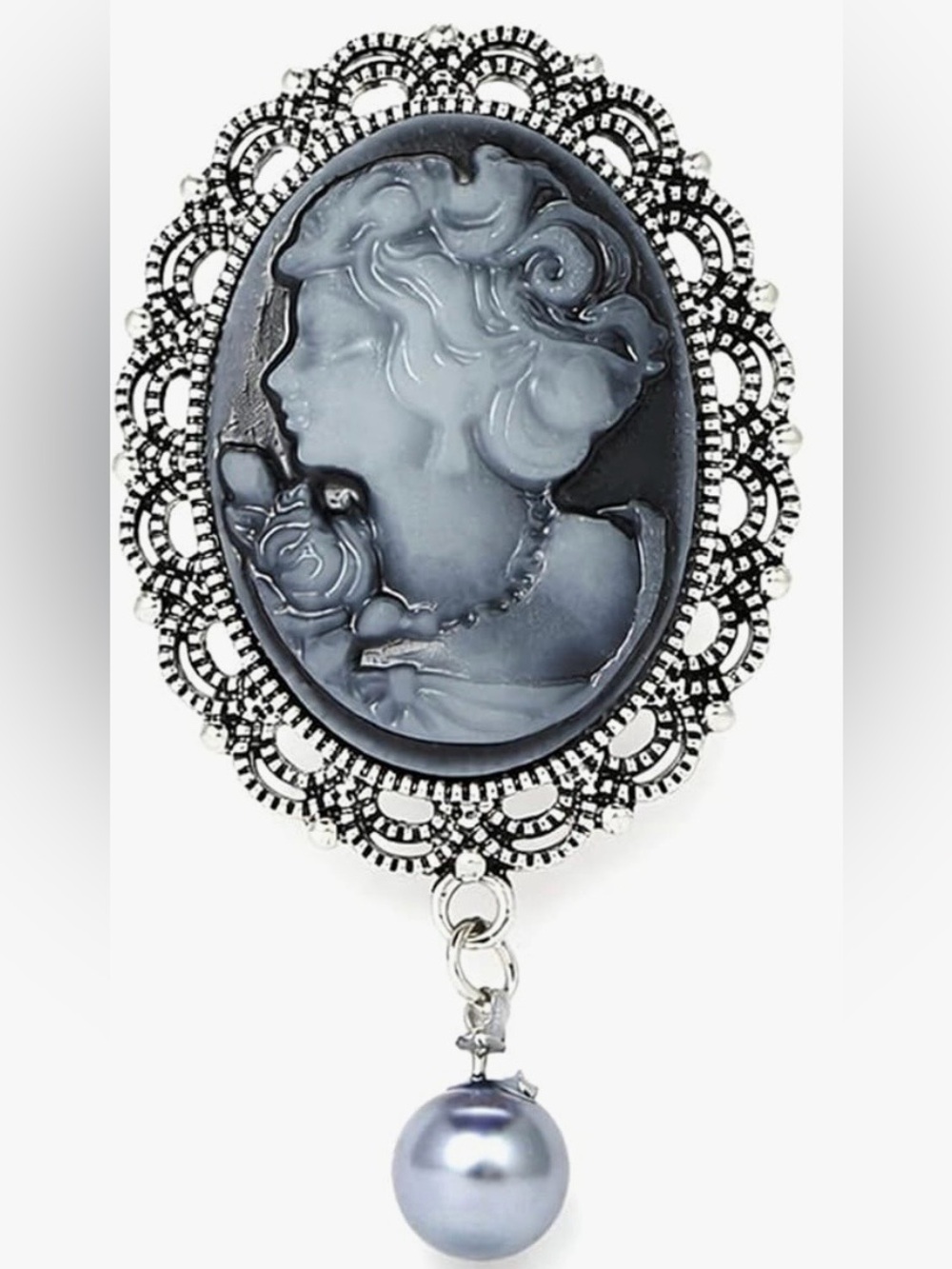 Vintage-Style Black and Silver Cameo Brooch